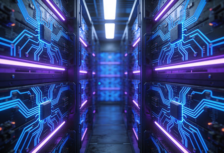 Futuristic server room with circuit board and blue lights 3D rendering