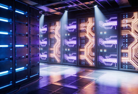 3d rendering of server room or data center with glowing neon lights