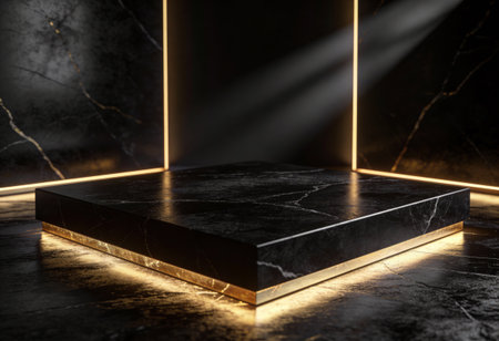 Black marble podium on dark background with spotlights. 3d renderの写真素材