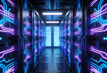 Futuristic server room with glowing neon lights. 3D Rendering