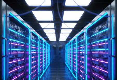 Server racks in data center room. 3d rendering. Computer digital image.