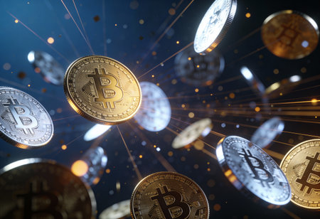 Bitcoin cryptocurrency concept. Golden coins on a dark background. 3D Rendering