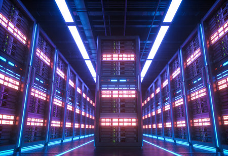 server room data center with neon lights. 3d rendering and illustration.