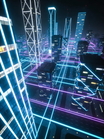Abstract futuristic city at night with neon lights. 3D Rendering