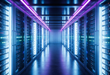 server room data center with rows of server racks. 3d render