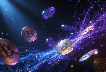 Bitcoin coins flying on a dark background. Cryptocurrency concept. 3D Rendering