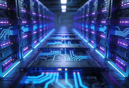 Futuristic server room with circuit board, 3d rendering toned image
