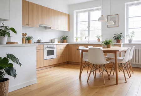 interior of modern bright kitchen with white walls, parquet and wooden floor