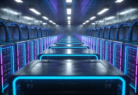 3d rendering server room data center with blue neon lights. Data center concept