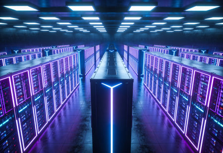 3d render server room with rows of blue and purple servers.