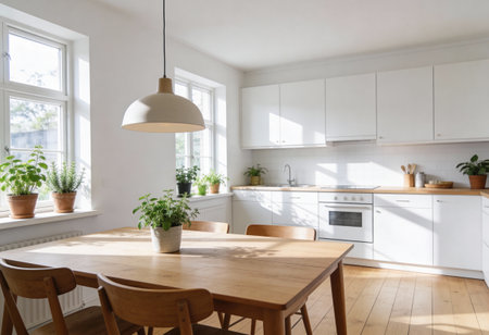 interior of modern kitchen with white walls and wooden floor, nobody inside