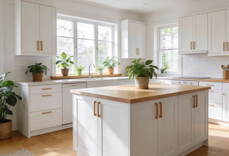 interior of modern kitchen with white cabinets and green plants in pots