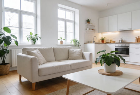 interior of modern bright kitchen with white walls, white sofa and coffee tableの写真素材