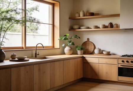 Interior of a modern kitchen with beige walls, wooden countertops and wooden cupboards