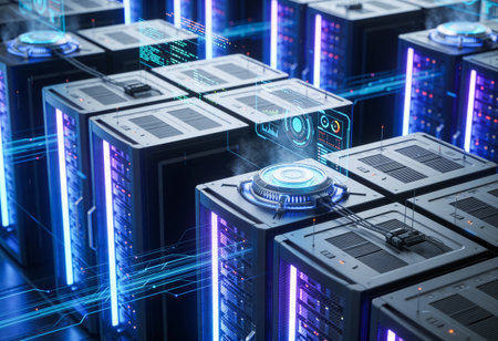 3D rendering of server room with data storage and big data processing