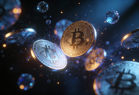 Bitcoin coins on a dark background. Cryptocurrency concept. 3D Rendering