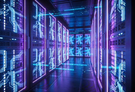 Abstract server room interior with blue and purple lights. 3D Rendering