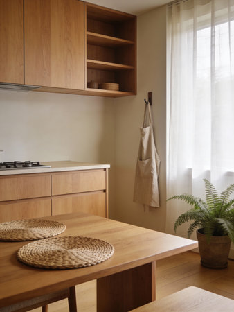 interior of modern kitchen with wooden furniture, note shallow depth of fieldの写真素材