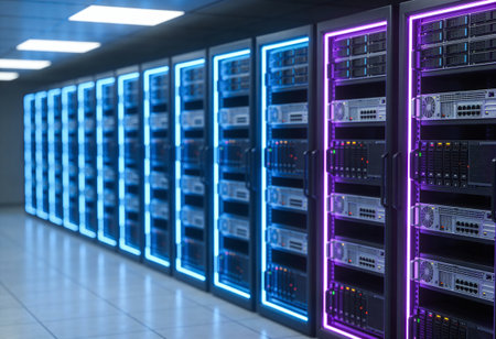 server room data center with rows of server racks. 3d render