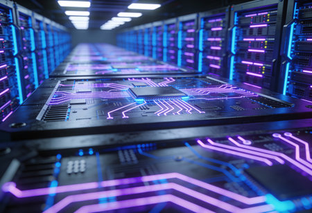 Futuristic server room with glowing neon lines. 3D Rendering