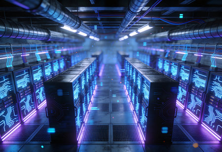 Futuristic server room with circuit board and glowing lights 3D rendering