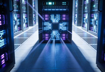 server room data center with rows of server racks. 3d rendering
