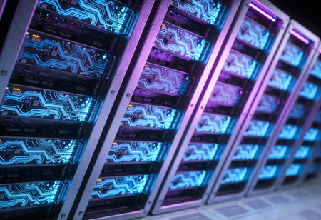 network server room with hard drives - closeup of data center hardware