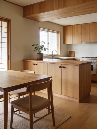 Kitchen interior with wooden furniture, modern kitchen and dining room. Nobody insideの写真素材