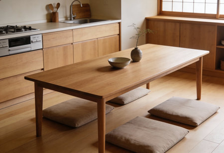Kitchen Interior with wooden table and chairs in a modern house.の写真素材