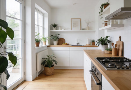 interior of modern bright kitchen with white walls, wooden floor and white countertops