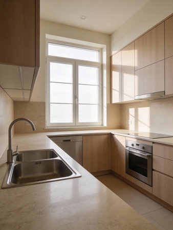 Kitchen interior with stainless steel sink and built in sink. Nobody inside