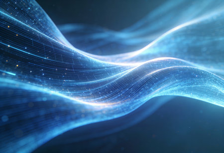 abstract blue wave background with glowing particles, 3d render illustrationの写真素材