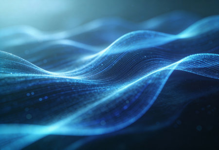 3D illustration of abstract blue digital wave with particles and bokeh