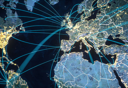 World map on night time with glowing lines. Concept of international communication, technology and...