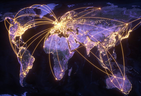 Network of connections around the world on dark background. 3D illustration.