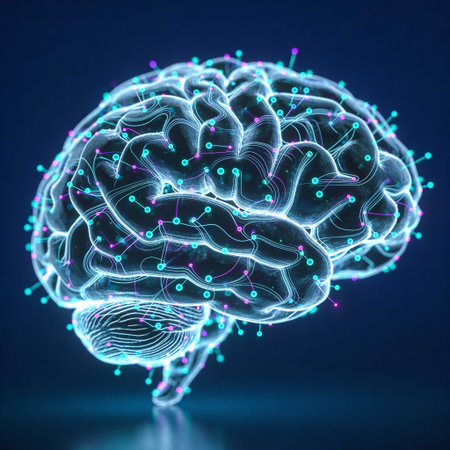 Human brain on blue background. Artificial intelligence. 3D Rendering