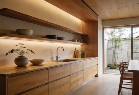 Interior of a modern kitchen with wooden wall and built in sinkの写真素材