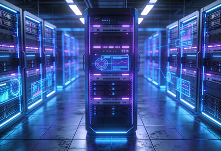 Server room data center. 3d rendering toned image double exposure
