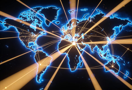 World map glowing with rays of light. Global business concept. 3D Renderingの写真素材
