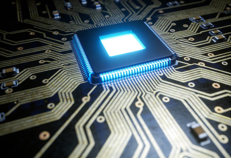 Electronic chip on circuit board, close-up. Technology concept