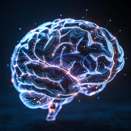 3D rendering of digital human brain with glowing light on dark background