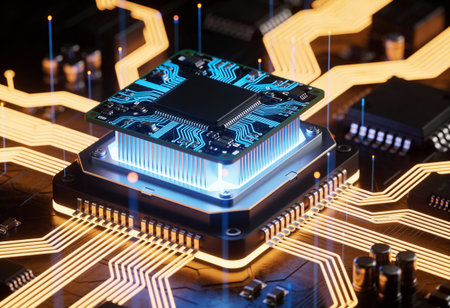 Circuit board with microchips and electronic components, closeup