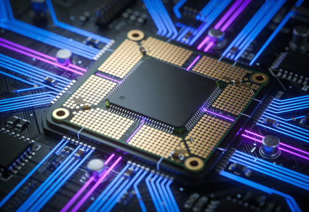 Close up of electronic circuit board. Technology background. 3D Rendering
