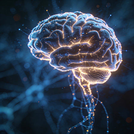 3d illustration of human brain with glowing particles on dark background. Artificial intelligence...