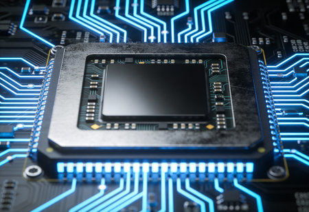 Close-up of electronic circuit board with processor. Technology background.