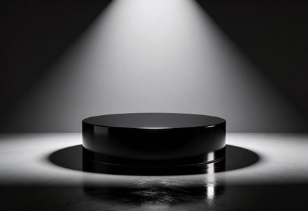 Black round podium on dark background. Mock up, 3D Renderingの写真素材