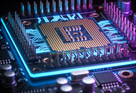 Close-up view of a modern GPU card circuit. 3D rendering