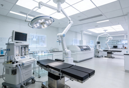 Interior of operating room in modern clinic with surgery equipment. Medical background