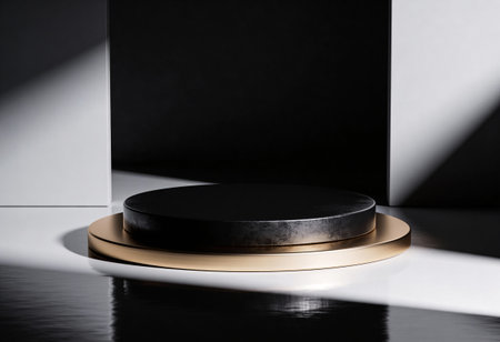 Black and gold podium on a black background. 3d rendering.