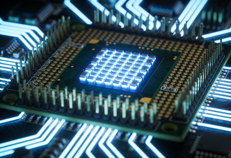 Close-up of electronic circuit board with microchips and led lights